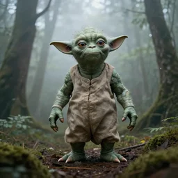 yoda with very long arms and legs standing in a forest with fog, realism, moody lighting, extreme long shot