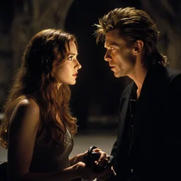 movie the labyrinth, jennifer connelly and david bowie, cinematic lighting, by gaston bussiere, j. c. leyendecker, craig mullins