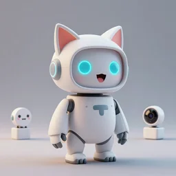 product photo of a futuristic happy surprised happy robot pet, asymmetric minimalistic cute, by artgerm and greg rutkowski and marc newson and zaha hadid, alphonse mucha, samsung apple webcam, matte glossy materials, neon, owl nycticebus fennec inspired. three quarter view, volumetric light, detailed, octane render, midsommar