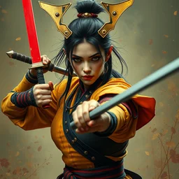photorealistic portrait of a fighting, beautiful, arrogant, female samurai warrior, goth punk, vibrant yellow, red, blue, colors, surreal, a french baroque by by alexander mcqueen, art by greg rutkowski by john william waterhouse, octane render, detailed