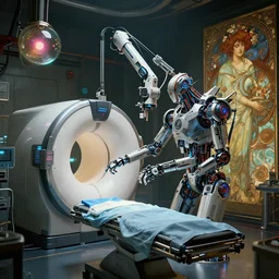 ( cyberpunk 2 0 7 7, bladerunner 2 0 4 9 ), a complex thick bifurcated robotic cnc surgical arm cybernetic symbiosis hybrid mri 3 d printer machine making a bio chemical lab, dieselpunk, cybernetics surgery, surgical table, art by artgerm and greg rutkowski and alphonse mucha, lens orbs, global illumination, octane render