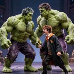 epic battle between the incredible hulk and harry potter, artistic, contrast, dramatic lighting, intricate details, vivid colors, hdr, ue 5, ue 6, unreal engine 5, cinematic 4 k wallpaper, 8 k, ultra detailed, by popular digital, artstation