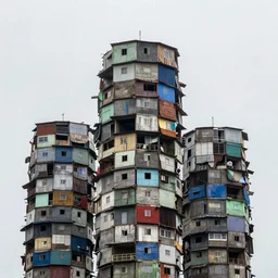 close - up view of many towers, made up of stacked makeshift squatter shacks with faded colours, plain uniform sky at the back, misty, mamiya, ultra sharp, very detailed, photographed by julie blackmon
