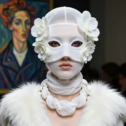 a futuristic portrait by mask made o white gauzes and plastic flowers, white fur necklace made by gauzes twisted aroundf neck, design by leonardo davinci, inspired by egon schiele, balenciaga, modern art, baroque art jewelry, new classic, fashion design, photorealistic, hyper realistic, cinematic composition, cinematic lighting, fashion design, concept art, 8 k, - -