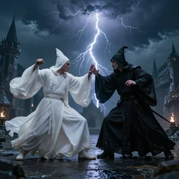 wide cinematic shot of a wizard in a white robe fighting a wizard in a black robe during a thunderstorm. very suspensful