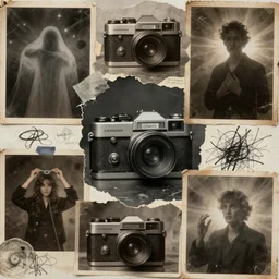 a chaotic collage of scanned old photographs swith people, ghostly silhouettes, strange poses, taken with soviet vintage flash camera, dark smudgy ghostly mystic foggy grainy gritty grunge torn paper texture mixed with random scribbles of ink and pencil, foggy depth map visual