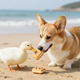 a corgi and a duck eating a twinkie at the beach/