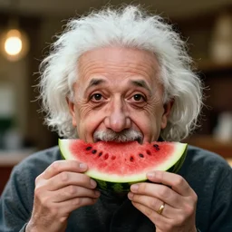 A photo of Albert Einstein eating watermelon, highly detailed, trending on artstation, bokeh, 90mm, f/1.4