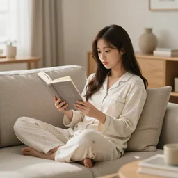 nayeon reading a book in a cozy living room, wearing pajamas, relaxing on a couch, 3 5 mm, f / 2. 8, 2 8 0 0 k