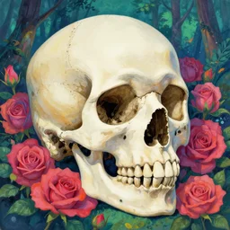 ortographic view of a large skull and psychedelic roses with a forest background by Jen Bartel and Dan Mumford and Satoshi Kon, gouache illustration
