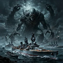 an ultradetailed illustration of cthulu destroying a fleet of battleships, ominous and scary, dark thunderstorm, horror from beyond space and time, lovecrafting horror, intricate detail, cinematic, 8 k, volumetric lighting, octane render, art by hokusai