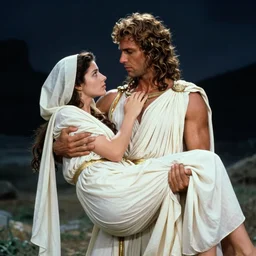 the image is a lost marvel film still 1 9 8 0 s in this image, the greek god hades is holding his muslim wife persephone. he has a stern look on his face, while she looks up at him with a gentle expression. their clothes are billowing in the wind, and behind them is a dark, foreboding landscape. vibrant cinematography, anamorphic lenses, crisp, detailed image in 4 k resolution.