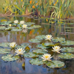 a serene lily pond in mid-summer, warm lighting, oil painting, highly detailed, by Camille Pissarro