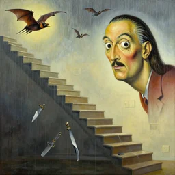 a painting of a staircase to heaven with the reverse perspective, birds that transform into bats, rain that transforms into pocketknives, 4 k, art by salvador dali