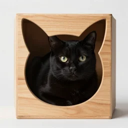 a black cat in a wooden box with an opening in the shape of a cat head