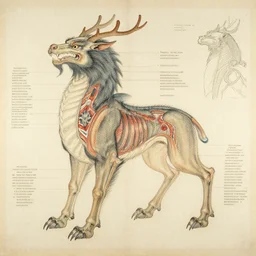 Vintage, detailed, colored sketch of mythical creature anatomy, full body, with full descriptions, Chinese painting.