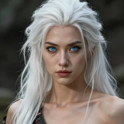 close - up headshot portrait of a gorgeous semi realistic barbarian woman, white long messy hair and blue eyes, highly detailed, muscular, very beautiful face, digital art, pixiv fanbox, trending on artstation, ray tracing, volumetric lighting, sharp focus, unreal engine 5, octane render, by greg rutkowski, wlop, miyazaki hayao