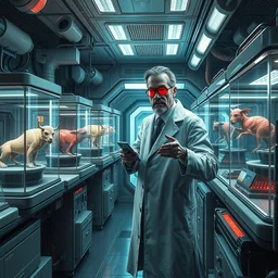 mad biopunk scientist in hist futuristic lab with prototype animals in enclosed glass tanks, highly integrated futuristic automatic medical care unit in a cyberpunk hospital lab, 3 d bioprinter, mri, cnc, highly detailed, vibrant, hyperdetailed scifi concept art, artstation, hdr, rtx, by caravaggio, inspired by masamune shirow, cgsociety
