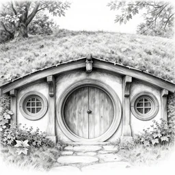a black and white pencil drawing of a hobbit house built into the hillside with a large round front door, autumn leaves, high quality