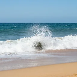 an ocean wave crashes down on a beautiful sandy beach