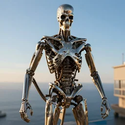 terminator, chrome, reflect, ultra realistic!!!, clear weather, golden hour, sharp focus