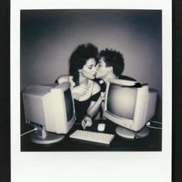 a black and white photograph of computers in love, in the style of egon schiele, film photography, polaroid photo, surreal, soft lighting, portrait photography, bizarre, tender