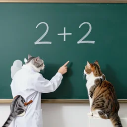 two scientist cats discussing on a blackboard the result of 2 + 2