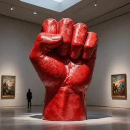 statue of giant red fist in art gallery, concept art
