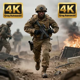 Portrait of a black modern British army soldier in full gear sprinting through enemy territory, cinematic lighting, front lighting, 4k, award-winning, by Greg Rutkowski, full body visible,