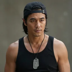 a man with black combed hair, a backwards black hat, dogtags, and a black tanktop, movie still