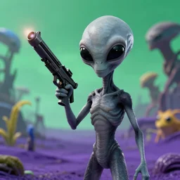 grey alien with large black eyes holding an energy rifle on an alien planet with purple soil, green sky, blue and yellow fauna, alien creatures in the background, highly detailed, high quality, hd, 4 k, 8 k, canon 3 0 0 mm, professional photographer, 4 0 mp, lifelike, top - rated, award winning, realistic, sharp, no blur, edited, corrected, trending