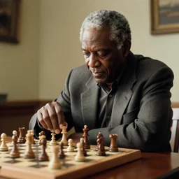 film still of an elderly blac k man playin g chess, medium shot, midshot