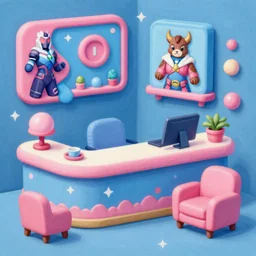 game asset of the sims cute reception furniture and decor, in gouache detailed paintings, props, stylized, 2 d sprites, kitbash, arcane, overwatch, blue and pink color scheme, 8 k, close up