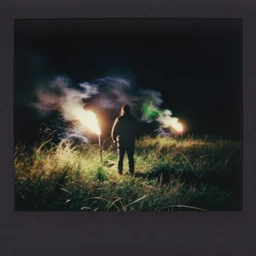 It is dark all around. The wind and torchlight make whorls of shadow and light as you as you weave among the grass; blinding silver, viridescent at shoulder height, at play. night time photography. vivid washes of color. contrast of light and dark. cosmic psychedelic polaroid.