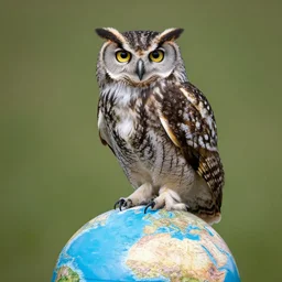 owl perched on a globe, photo