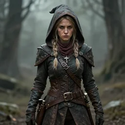 fantasy character. halfling. female. rogue. weathered. cynical.