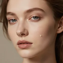 close up of face of female fashion model, baroque style, beige colors, highly detailed