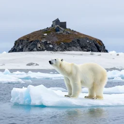 a photo of a skinny polar bear beside a block of ice, on a tiny pacific island, beautiful desert island, national geographic