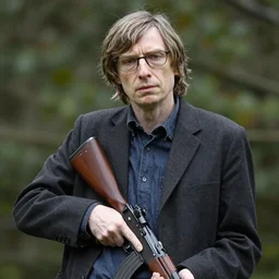 steven hawking gangster, posing with a rifle