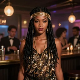 portrait of a beautiful jamaican girl with rasta hair dressed in 1920's fashion, speakeasy bar background, mood lighting, ambient lighting, dynamic lighting, 4k, official media, anime key visual, makoto shinkai, ilya kuvshinov, lois van baarle, rossdraws, detailed, trending on artstation
