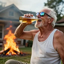 an old toothless bloke wearing a tank top, reflective sunglasses, drinking beer, laughing at his house being on fire, high quality, very detailed, a beautiful photo, national geographic quality