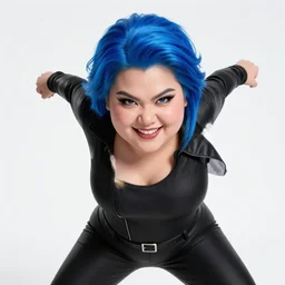 thick chubby filipina supervillain, sly grin, fully clothed, exaggerated perspective, beautiful detailed face, bright blue hair, action pose, comic book style, highly detailed, dynamic shadows, dynamic lighting, geoff johns, jason fabok, jason fabok, brad anderson, splash art