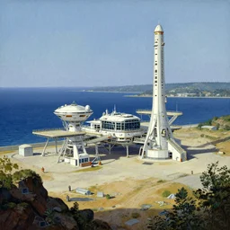 a beautiful and detailed illustration of a spaceport in a bay by Robert McCall, cinematic atmosphere, establishing shot