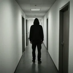 creepy empty office hallway, a dark figure. craigslist photo