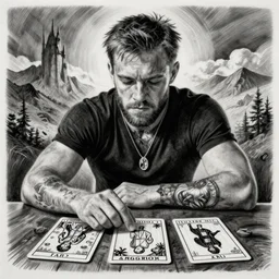 conor mcgregor, tarot, black and white graphite drawing, agostino arrivabene