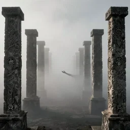 arm reaching out of thick fog, symetrical rows of floating stone columns, intricate, zdzislaw beksinski