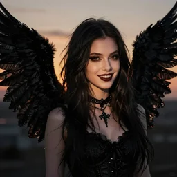 a studio professional portrait of a young pale goth girl, femme fatale, gorgeous face, beatiful facial expressions, friendly, cheerful, at golden hour, dusk, chiaroscuro, dark moody lighting, black wings, intricate digital art, hyperrealist, detailed, artgem, trending on artstation, fan art, by annie leibovitz