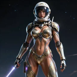 sexy muscular ornate feminine cyborg in full body skin space suit, helmet, concept art, joshua rife, laser, intricate, highlydetailed, space background, artstation 4 k raytracing, shadows, highlights, illumination