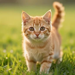 cute fluffy orange tabby kitten, golden hour, grass, perfect cat eyes