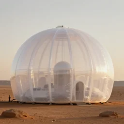 a strange huge transparent pvc inflated organic architecture building white by jonathan de pas sits in the planet mars landscape, golden hour, film still from the movie directed by denis villeneuve with art direction by zdzisław beksinski, close up, telephoto lens, shallow depth of field